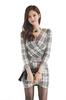 Village Gingham Check Tight Long Size 342 H&T Women's Dress, Fit, Stretch, Sleeves, (M, White)