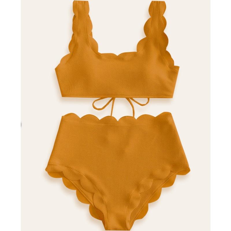 Simple Solid High Waist Bikini Women Swimsuit Fashion Floral Edge Split Bathing Suit 2025 New Casual Lady Two Pieces Beachwear