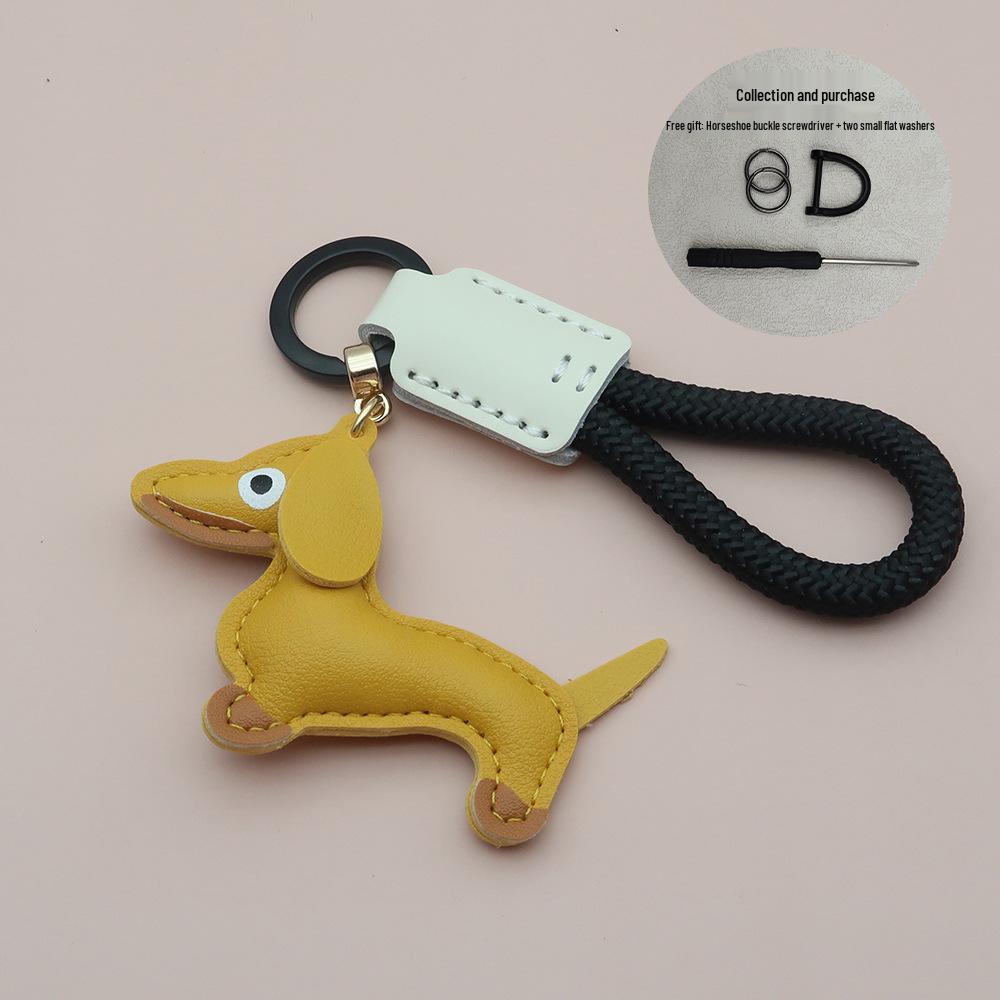Mini Dachshund Cowhide Keychain: High-Quality Anti-Lost Lanyard with Cute Doll Pendant