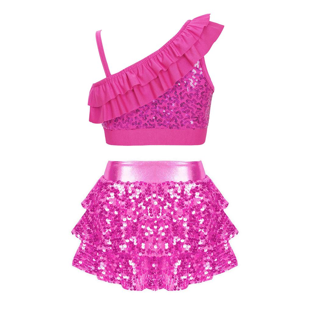 Girls Shiny Sequins Ruffle Crop Top Asymmetrical Shoulder Straps Tiered Skirted Shorts Culottes Dance Set