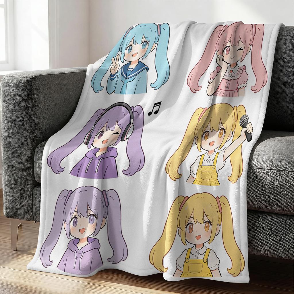 Hatsune Miku Pastel Chibi Print Flannel Throw Blanket Bedroom Decor Cute Anime Nap Blanket Air Conditioner Throw Sofa Throw Cove