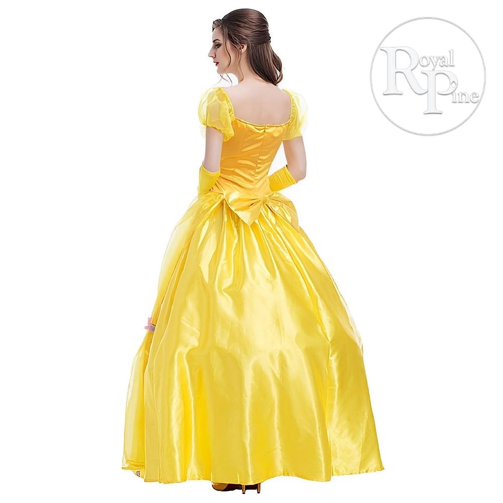 Royal Pine Women's Beauty and the Beast Belle-Style Gold Princess Dress with Petticoat, Luxurious 4-Piece Costume Set (Size L)