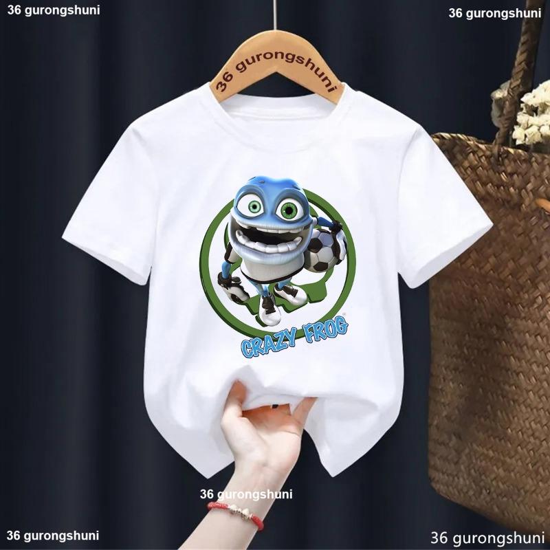 Nové tričko pro kluky/holky Vtipný kreslený potisk Žába, Dětská móda Trendy oblečení pro kluky Bílé s kulatým výstřihem Dětské tričko Top 1-13