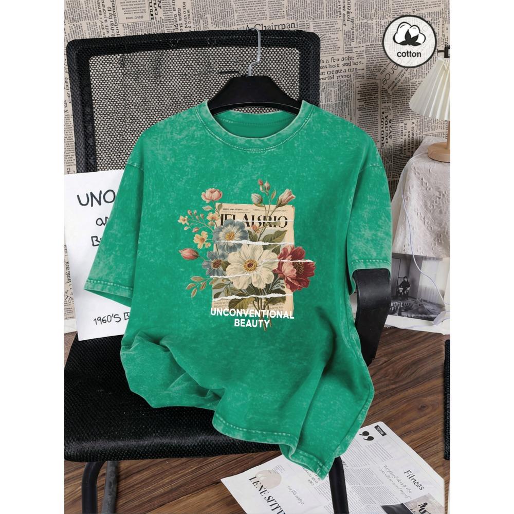 Unkonventionelle Schönheit Blumenprint Gewaschene T-Shirts Baumwolle All-Match Damen T-Shirt Y2K Lockere Kleidung Sport Kurzarm