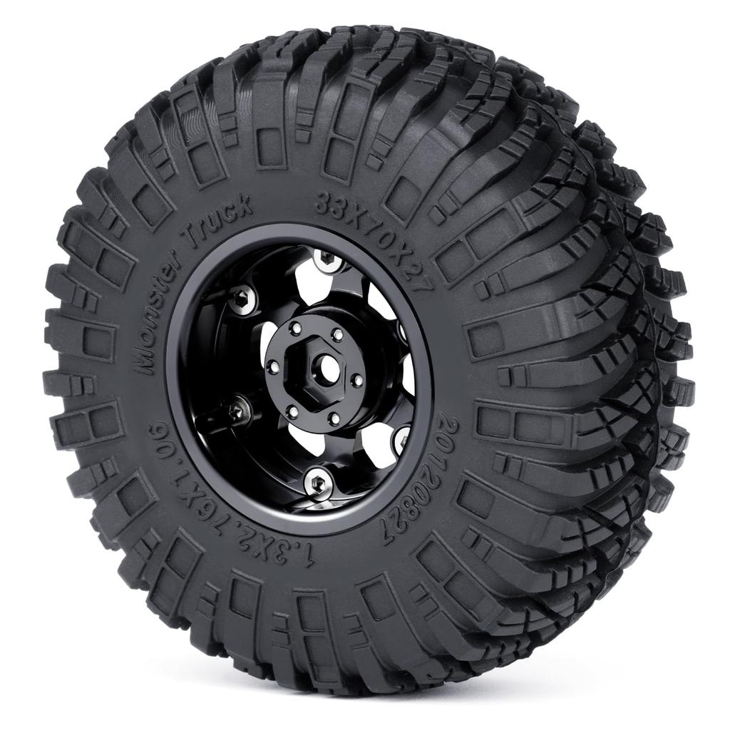 RCMAZO 4-Piece 1.3" Wheel and Tire Set, 1.3-Inch Aluminum Beadlock Wheel Rims with 7027mm Mud Terrain Rubber Tires for 118 124 SCX24 TRX4M RC Cars