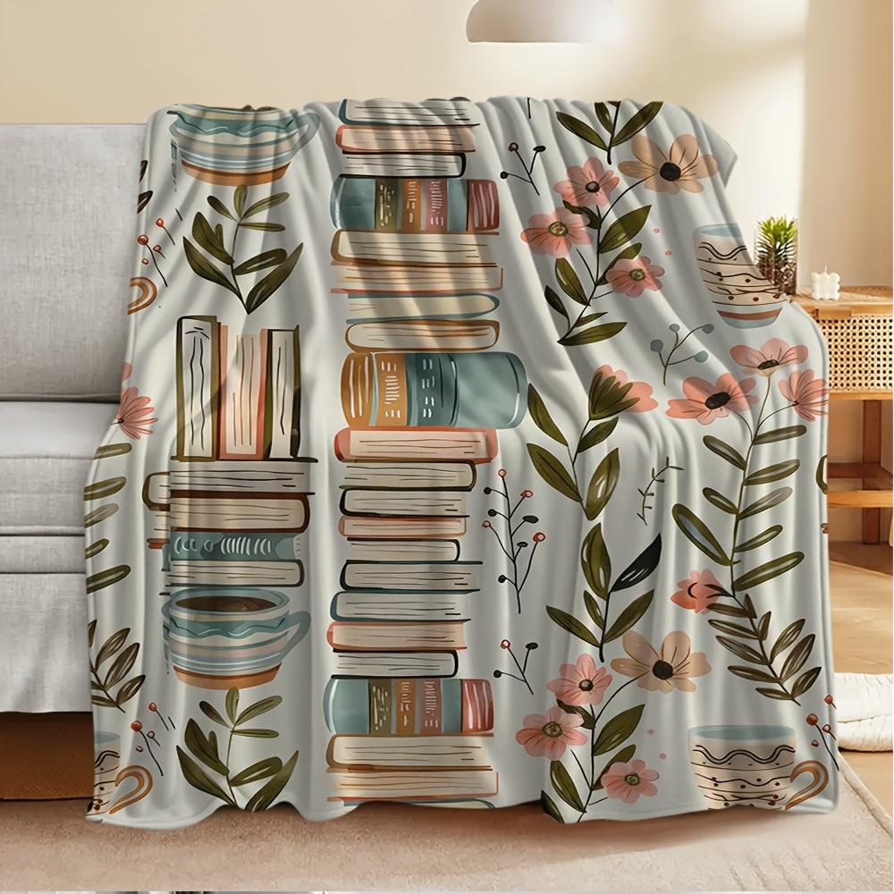 Vibrant Book & Floral Design Flannel printed blanket suitable for all seasons suitable for living room office sofa and travel