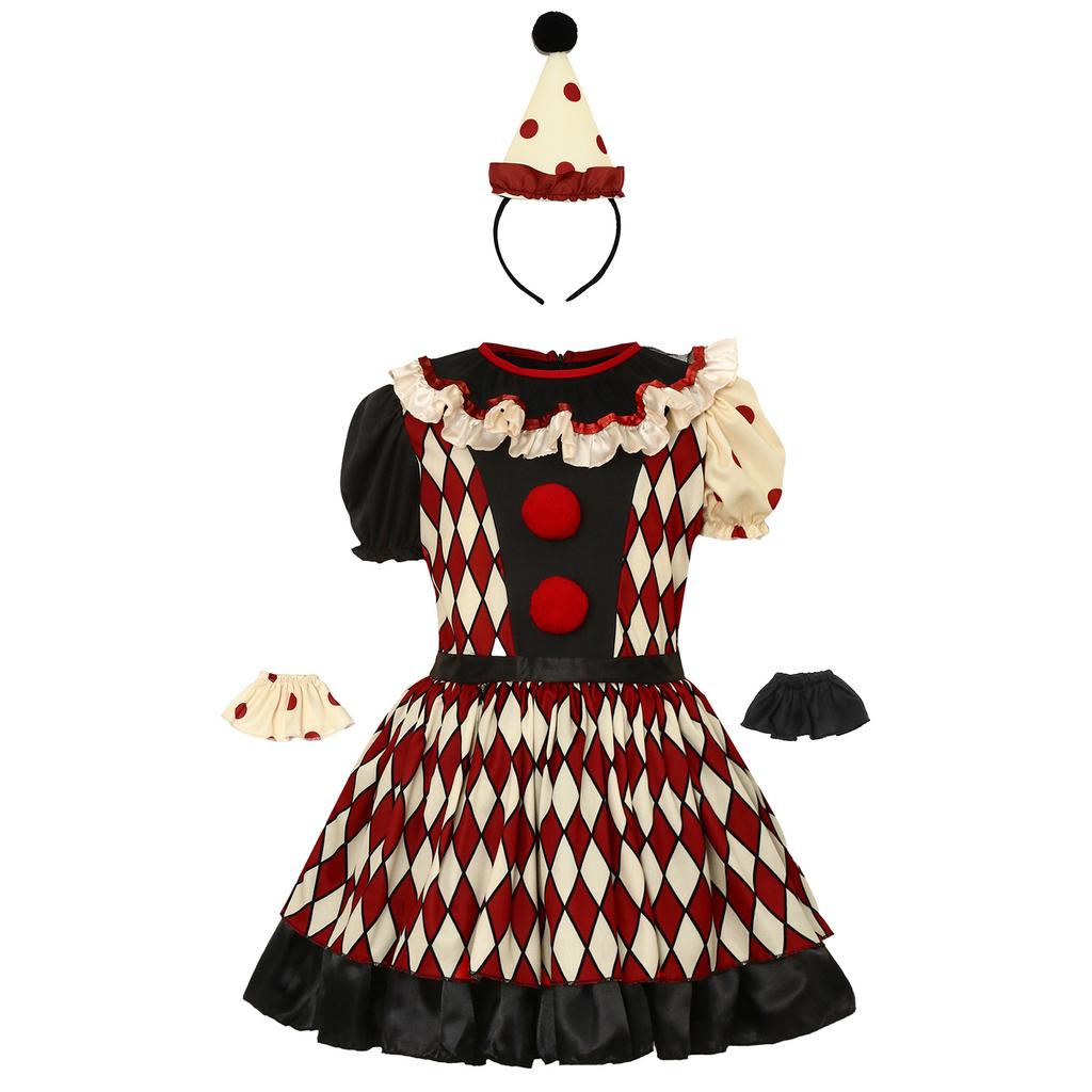 Dětské Dívčí Halloweenské Klaunské Šaty Krátký Rukáv Volánkový Límec Patchwork Diamantový Vzor Dvojitá Vrstva s Kloboukem Elastické Manžety pro Cosplay Divadelní Představení