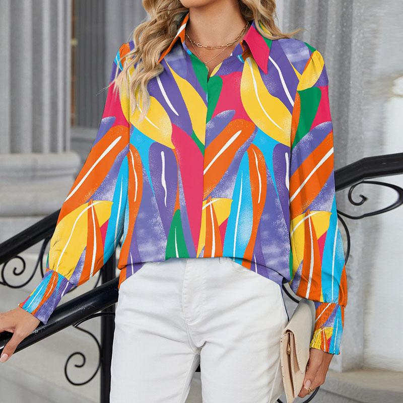Lantern-sleeved Printed Long-sleeved Lapel Blouse Is Fashionable, Simple and Energetic, Loose and Versatile Ladies Shirt