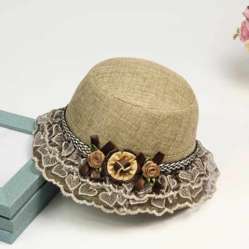 

WTEMPO Breathable Wide Brim Foldable Large Hats Linen Top Hats Retro Elegant Summer Beach Lace Sunscreen Hats 1pc хаки