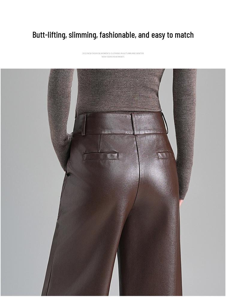 2025 Women's High-Waisted Fleece-Lined Lambskin Leather Pants - Slimming Loose Fit Straight-Leg, Ideal for Autumn and Winter