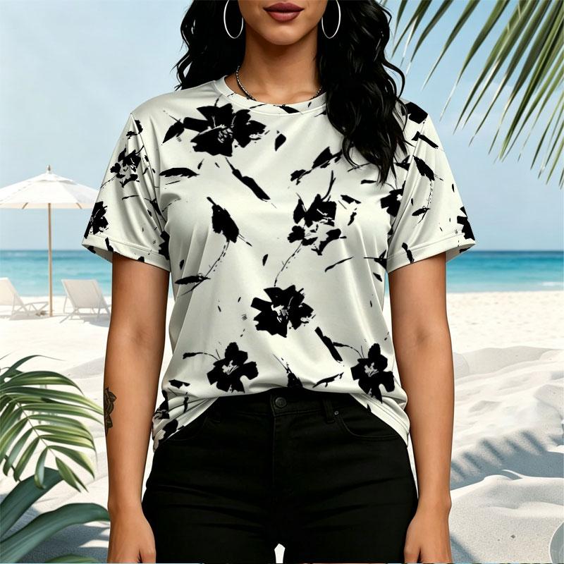 Women's Short Sleeve T-Shirt, American Basic Floral Top Soft & Breathable, Perfect for Summer Daily Casual Outings