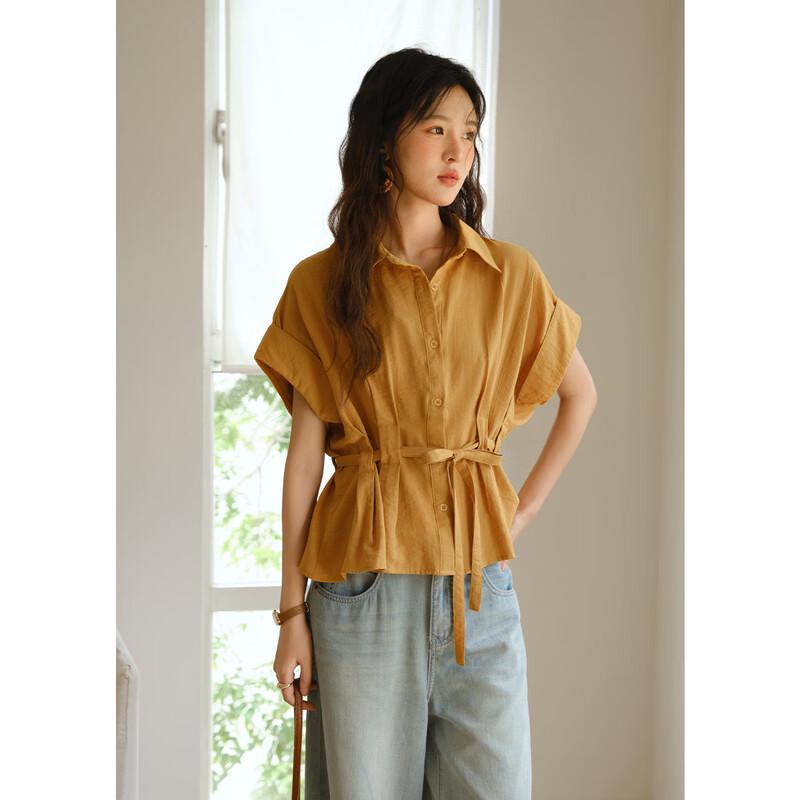 Mishow Retro Orange Cotton Blend Shirt with Waist Tie S
