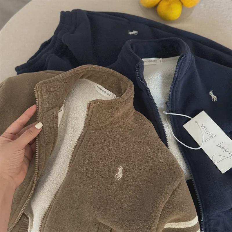 Jachetă caldă de pluș pentru copii 2024 și costum din două piese din lână la modă pentru băieți și fete