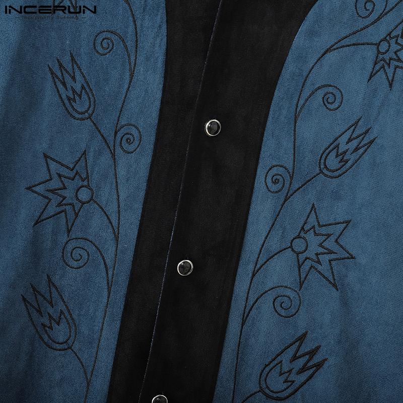 INCERUN Men Long Sleeve Embroidery Stitching Buttons Suede Casual Thin Coat Jackets