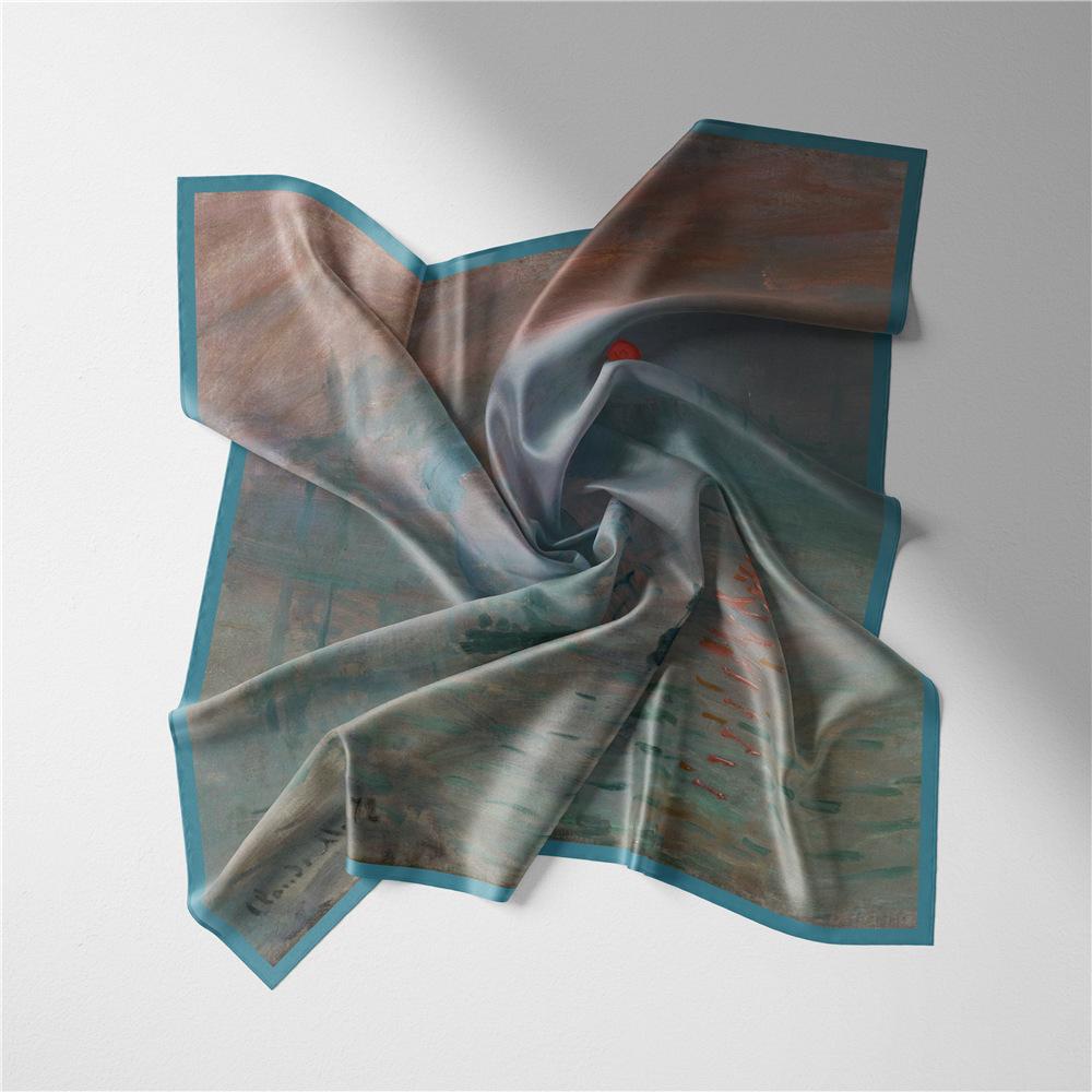 53CM Silk Scarf Woman Sunset Painting Square Scarves Wraps Bandana Small Hijab Silk Foulards Tie Headband Neckerchief