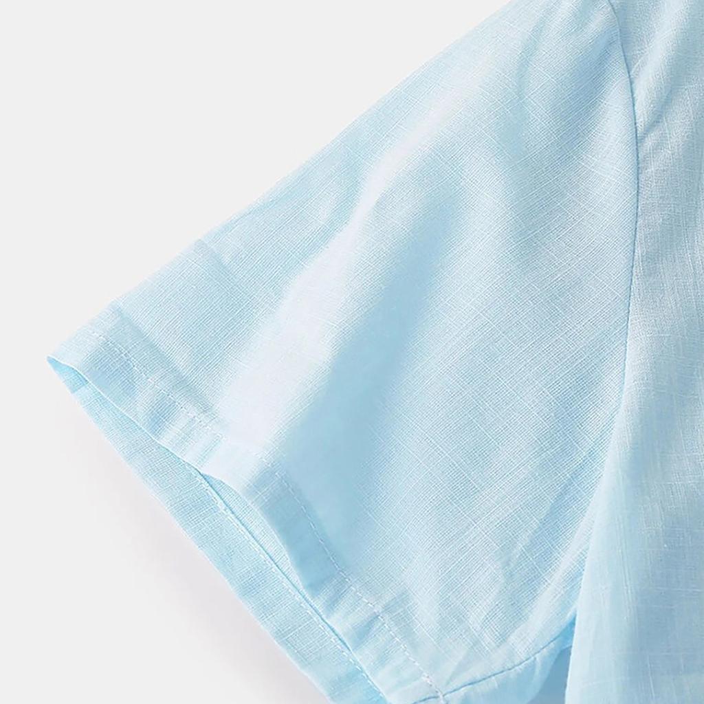 Men's Cotton Linen Shirt Regular Fit Short Sleeve V Neck Button Down Summer Shirt Beach T Shirts