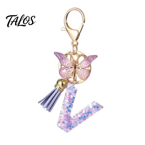 Talos Purple Series Keychain Pendant, Sequins Star Initial Letter Charm Key Chain with Butterfly Tassel Design, A-Z Holder for Bag Purse Backpack