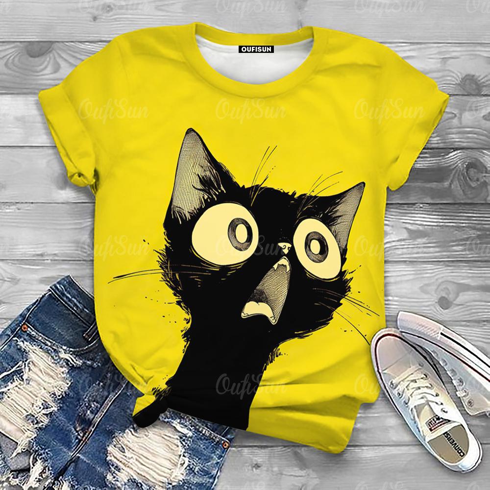 Cute Cartoon Cat Print Women's T-Shirts Top Short Pullover Sleeved Fashion Casual Style O-Neck Tee Shirt Female Clothing Summer