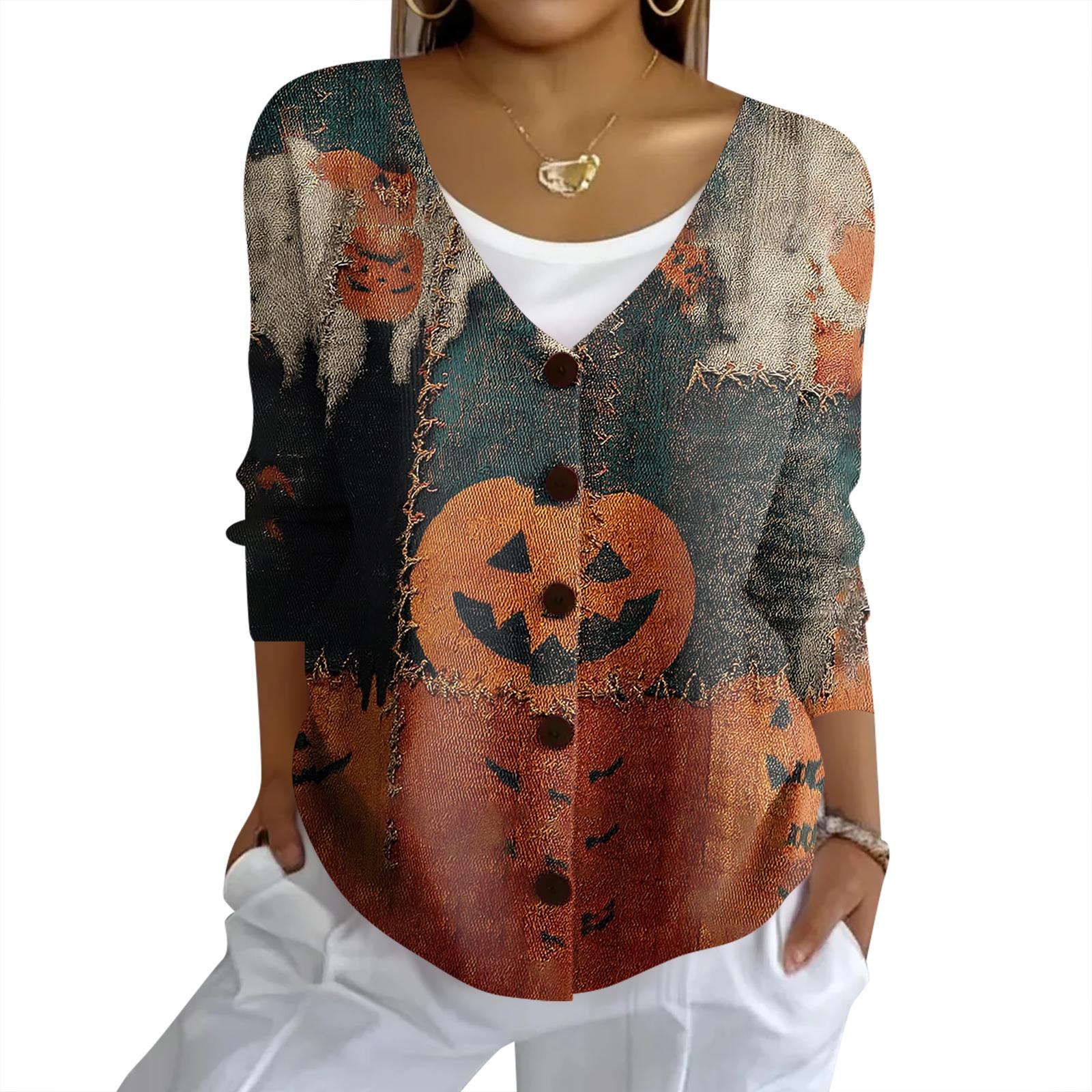 

Женский модный повседневный вязаный свитер на пуговицах, кардиган-жакет с принтом на Хэллоуин S