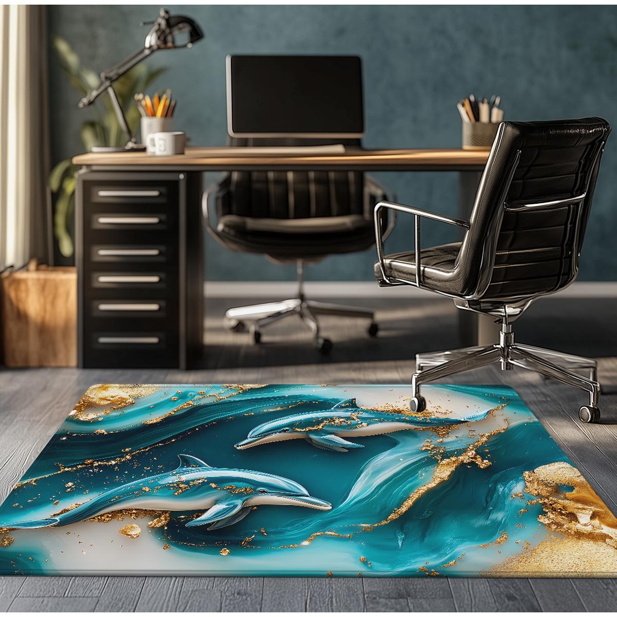 

Dolphin Crystal Velvet Rug Ocean Blue Gold Design Modern Home Office Decor Floor Mat Soft Anti Slip Carpet for LivingRoomBedroom 50cm x 80cm