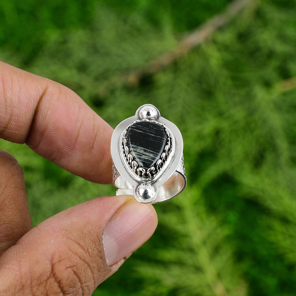 Natural Silver Leaf Jasper Gemstone Solitaire Adjustable Ring 925 Silver