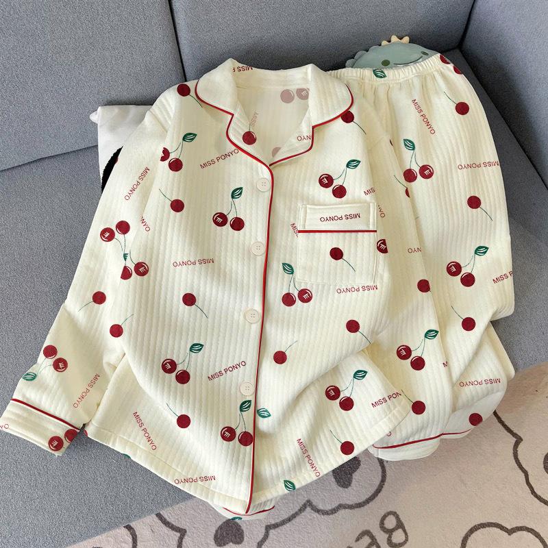 Spring new air cotton pajamas women's winter letter cherry long-sleeved set can be worn outside loungewear real shot