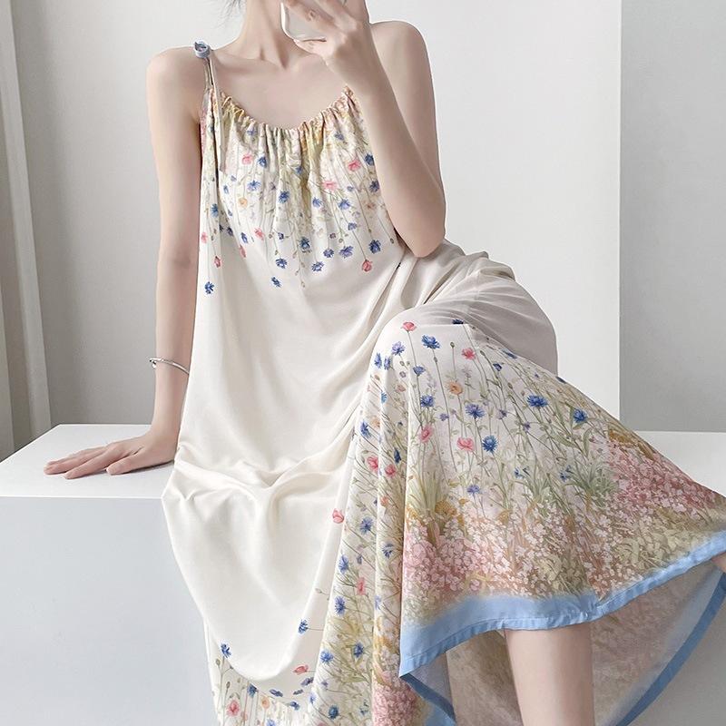 Cotton silk nightdress casual holiday wind gradual change color printing long dress loose suspenders summer dress pajamas