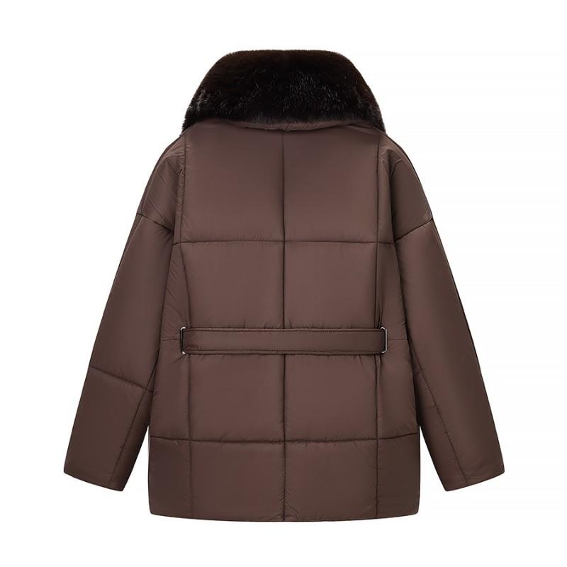 Womens Thick Cotton Puffer Coat With Fur Collar Belt Winter Commute Style