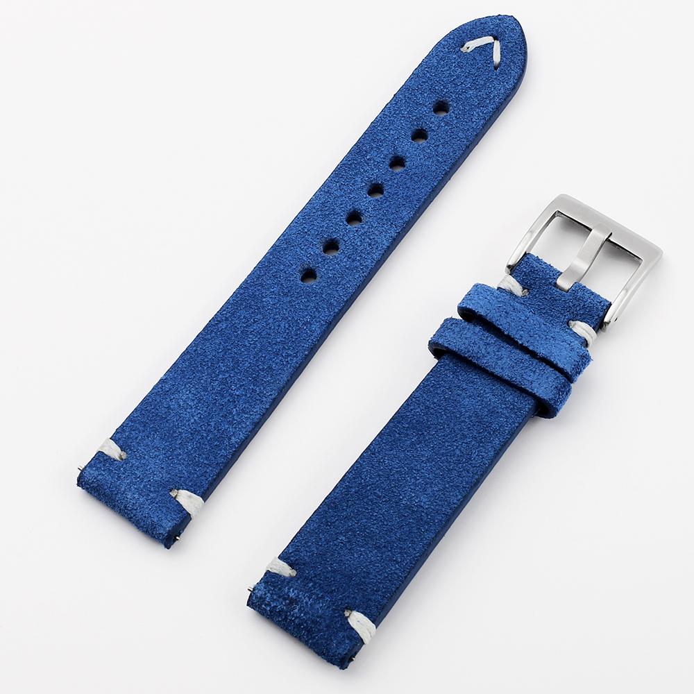 

Suede Genuine Leather Watch Strap 20mm 22mm Vintage Handmade Stitching Bracelet Gray Blue Quick Release Watch Band Accessories 22mm синій