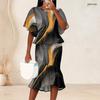 Women Plus Size Printed Round Neck Batwing Sleeve Ruffle Hem Top Fishtail Skirt Two Piece Set