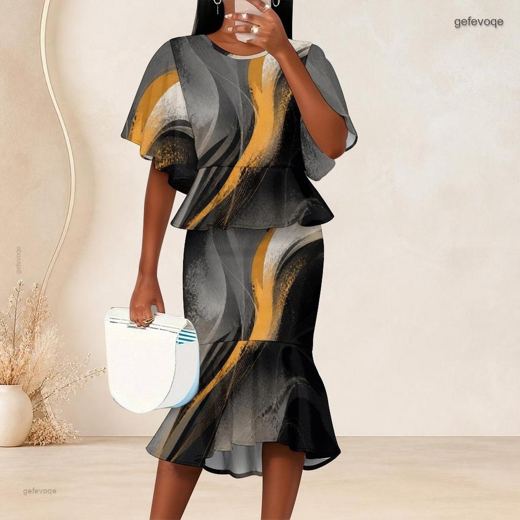 Women Plus Size Printed Round Neck Batwing Sleeve Ruffle Hem Top Fishtail Skirt Two Piece Set