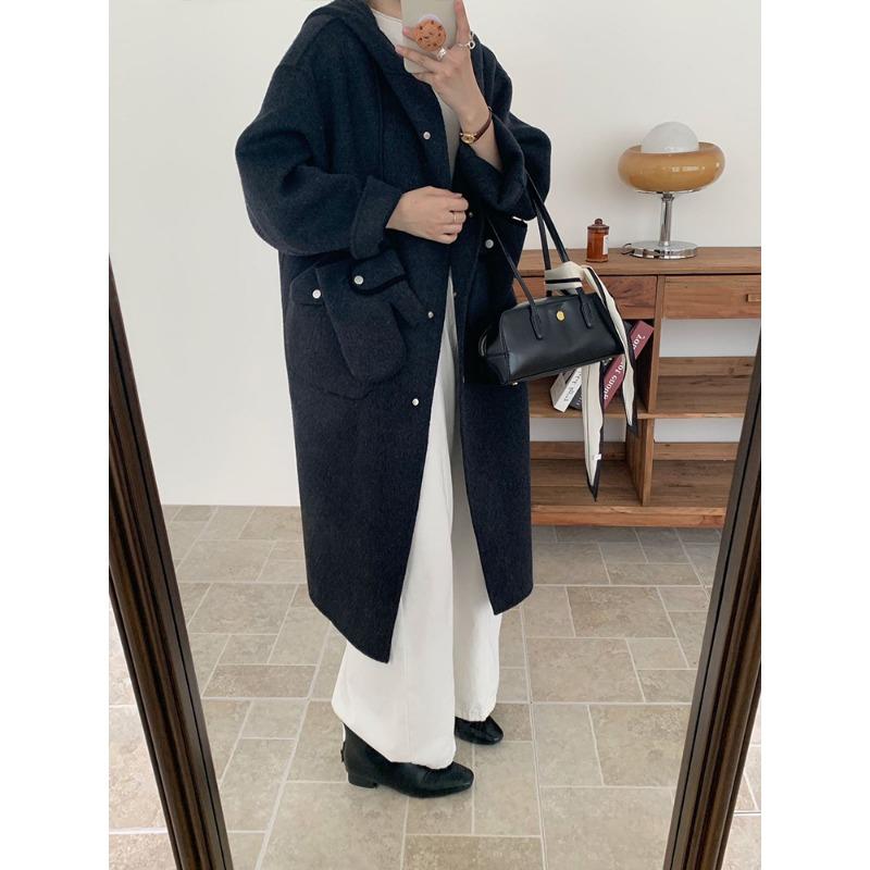 

Новое двухстороннее шерстяное пальто с капюшоном для женщин, длинный фасон с перчатками, свободное осенне-зимнее шерстяное пальто высокого качества M