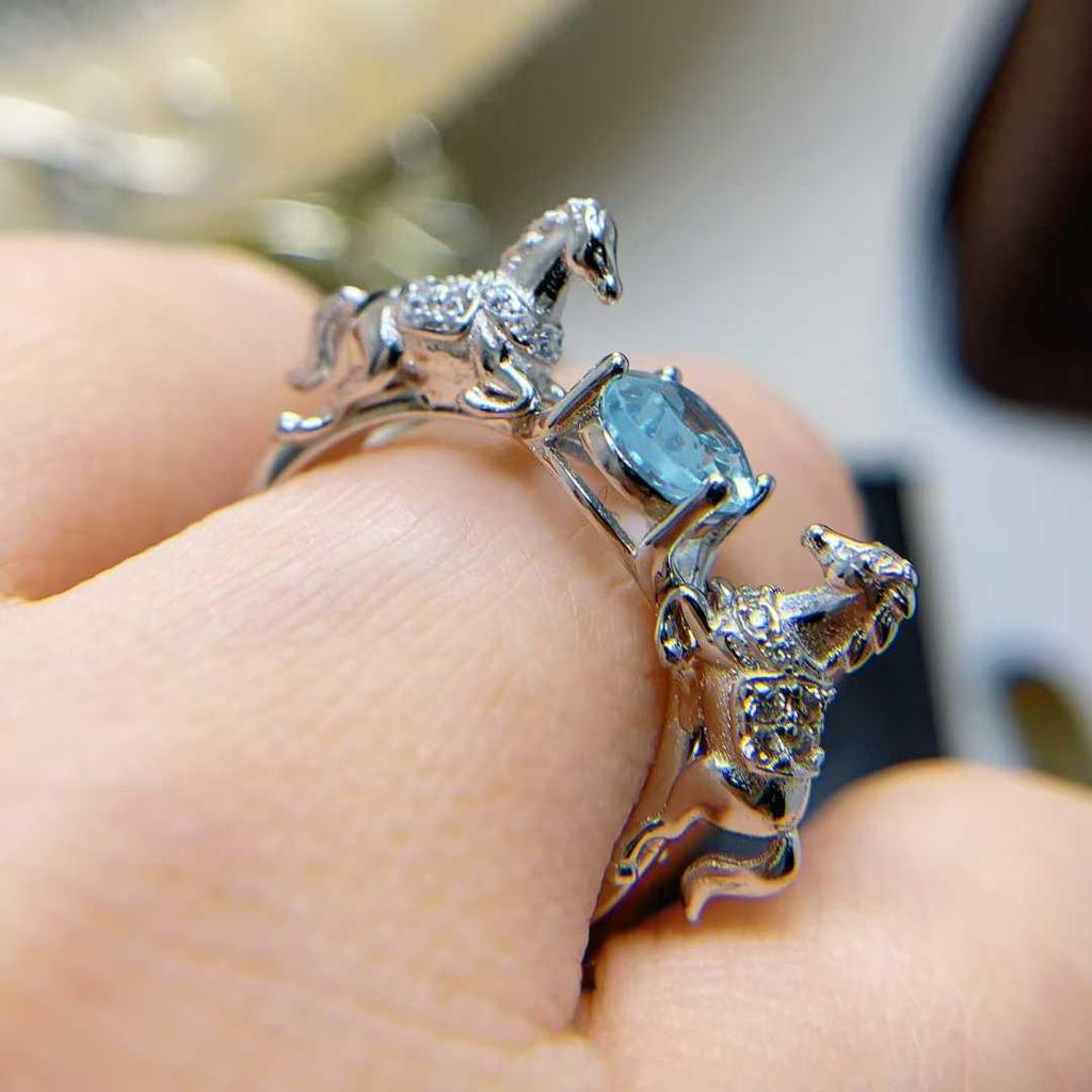 925 Sterling Silver Open Ring with Natural Gemstones and Horse Design - Luxurious High-End Feel
