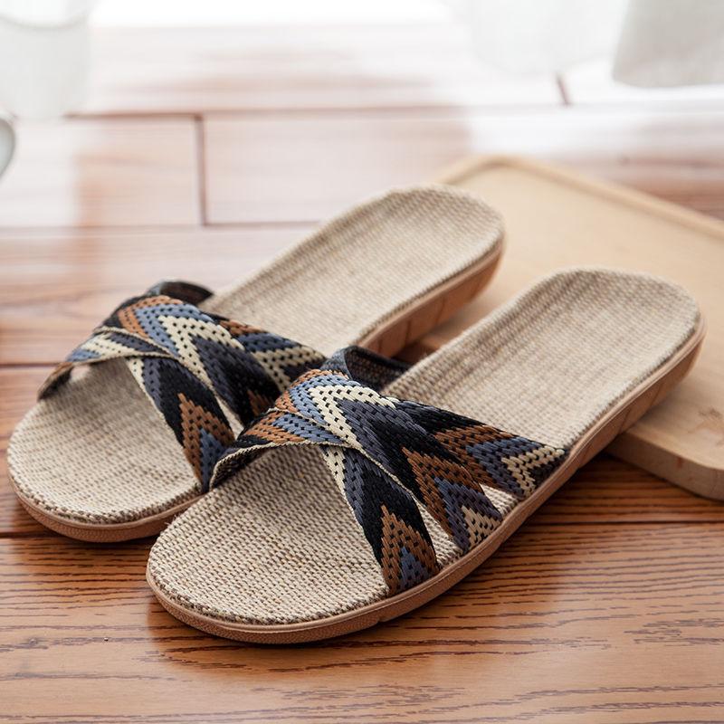 New linen slippers women's summer indoor wooden floor couple home non-slip thick bottom home cool slippers men