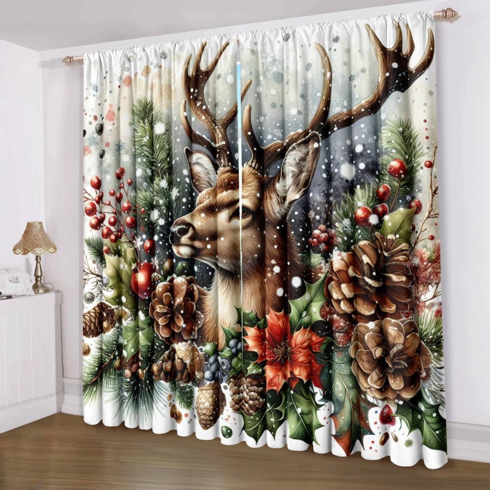 2pcs Set Christmas Reindeer & Santa Claus 3D Printed Curtains Rod Pocket Privacy Drapes for Bedroom Living Room Kitchen Office