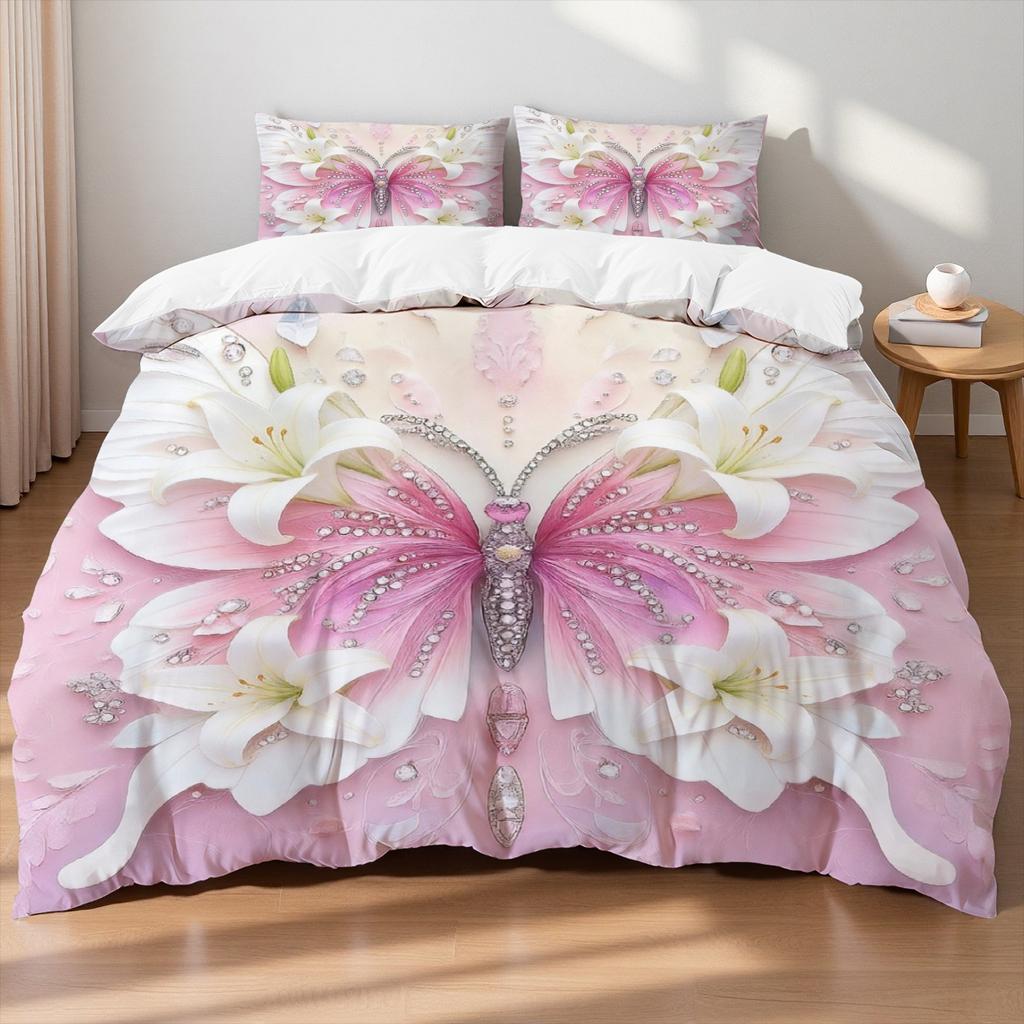 3pcs Pink Purple Bedding Set Blue Fantasy Style Butterfly Print Comfortable King Queen Twin Single Size Bithday Gift for Sister