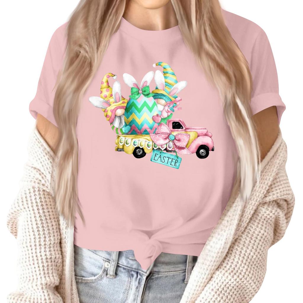 Women's Easter Gnome Graphic T-Shirt Cute Spring Love Letter Print Short Sleeve Casual Tee for Holiday