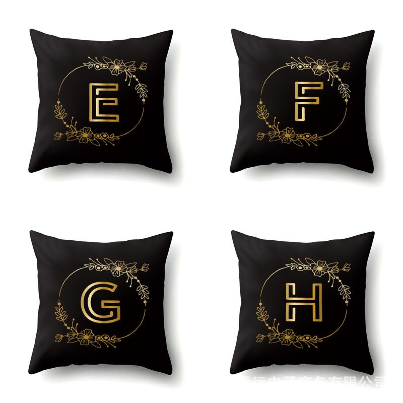 Polyester Pillowcase Black Gold Flower Home Decoration Print Pillowcase 26 English Letter Cushion Cover