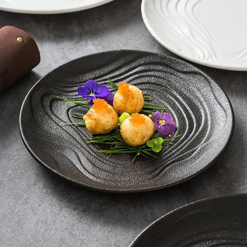 Ceramic Plate, Frosted Water Ripple Circular Shallow Plate, Dish, Fruit, Dessert Plate, Kitchen, Hotel Specialty Tableware