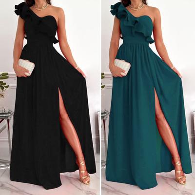 Damska suknia wieczorowa Na jedno ramię, wzburzona, plisowana, wysoka talia, Jednolity kolor, Bez rękawów, Linia A, z dużym obszyciem, koktajlowa, maksi, sukienka piłka.