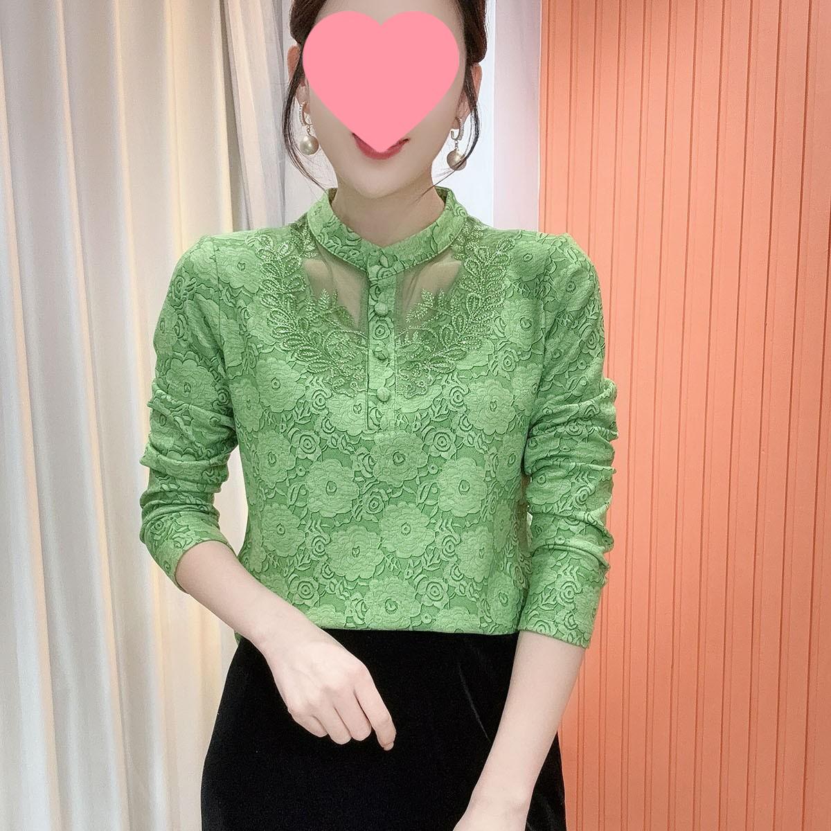 

2025 Yellow Winter Lace Stand Collar Long Sleeve Elegant Base Layer Top for Women XL (43-55kg) зелений
