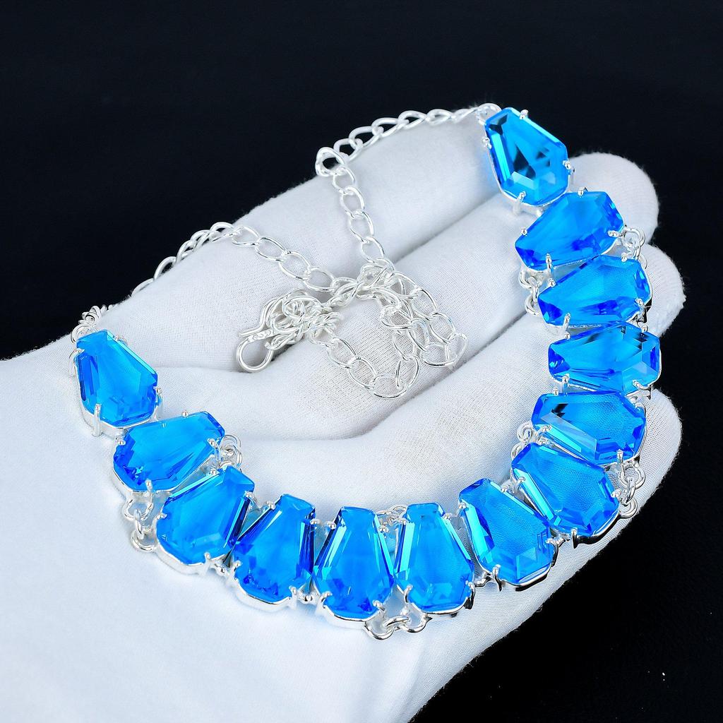 Blue Topaz Necklace & Bracelet Jewelry Set, Coffin Blue Topaz Gemstone 925 Sterling Silver Handmade Jewelry Unique Collection, Wedding Gift
