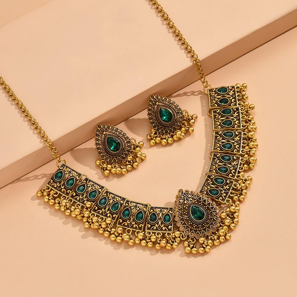Bollywood Style 1 Pair Of Earrings + 1 Necklace Vintage Jewelry Set Retro Design Inlaid Gemstone Match Daily Outfits Party Accessories