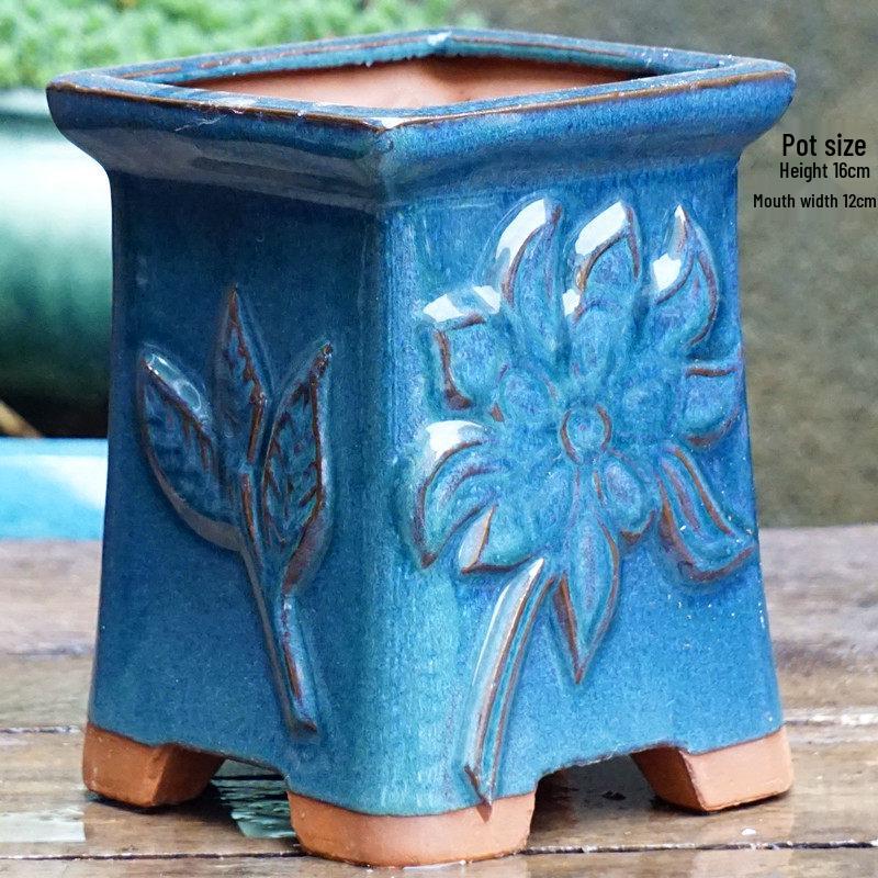 Yixing Handmade Square Mouth Coarse Pottery Planter - Large Succulent Flower Pot with Old Branch Design and Jade Pendant.