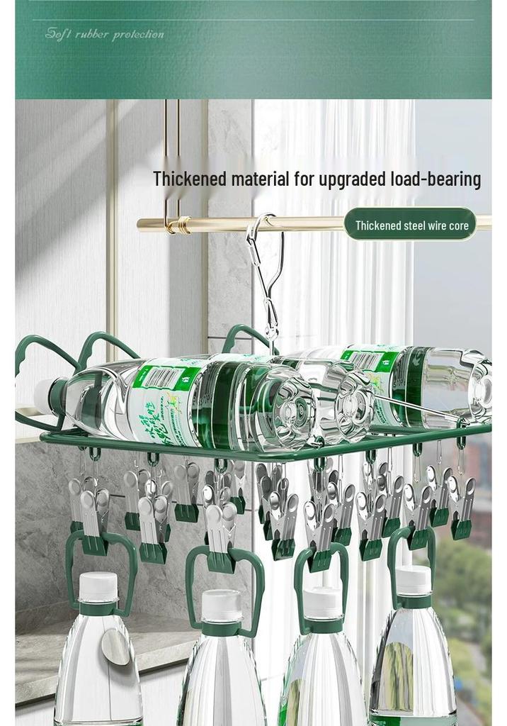 Rotatable Stainless Steel Clothes Drying Rack with 18 Windproof Rubber-Coated Clips for Socks and Underwear