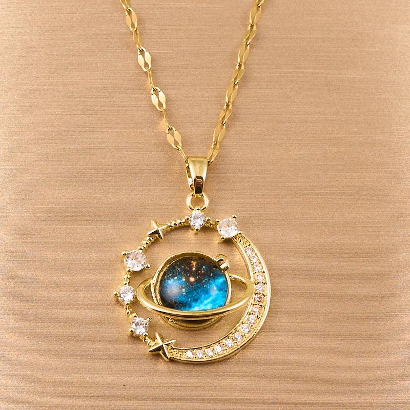 Fashion Starry Sky Planet Light Necklace - Luxurious Stainless Steel Clavicle Chain with Stars and Moon Design for Versatile S