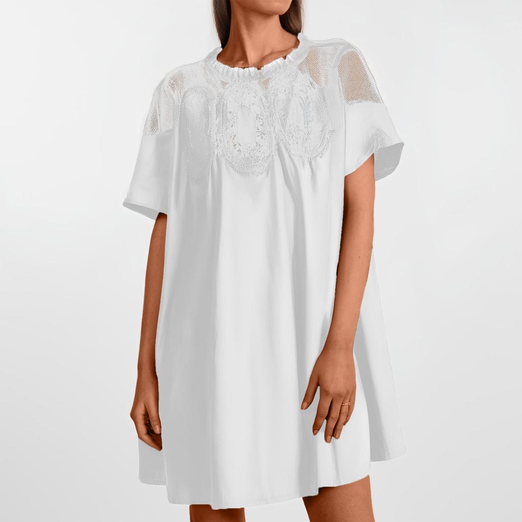 Women's Fashion Solid Color Short Sleeve Dress Lace Trim Mesh Splicing Dress