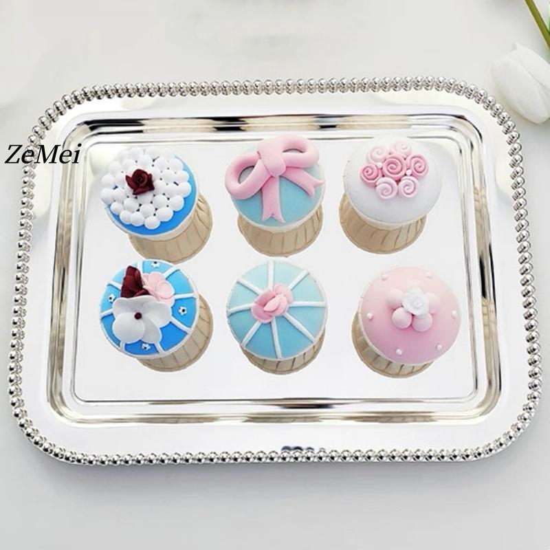European Style Square Shape Fruit Plate,36 cm Pearl Dot Silver Metal Cake Plate Home Food Tray, Snack Disc Table Decoration