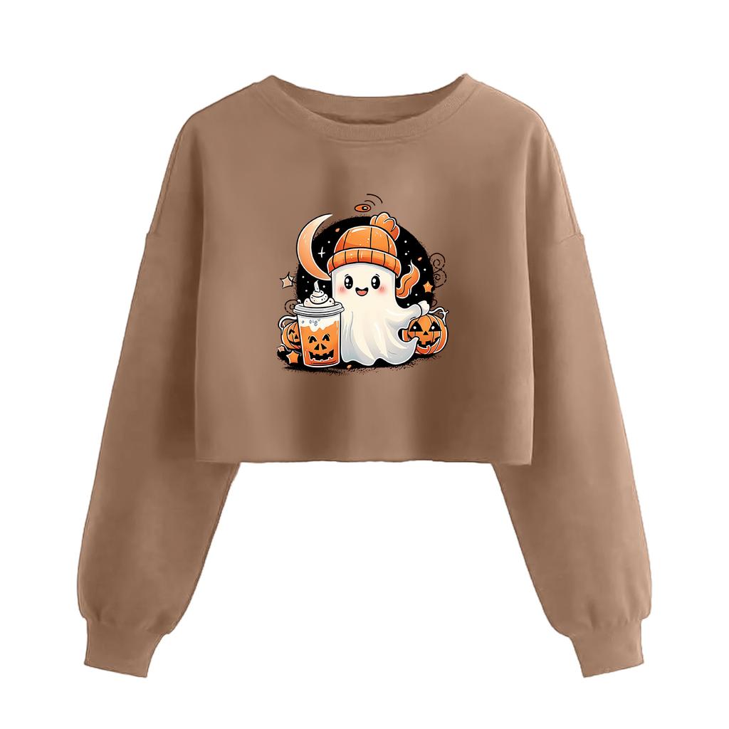 Women's Fashion Halloween Printed Navel-Exposed Long Sleeve Pullover Sweatshirt