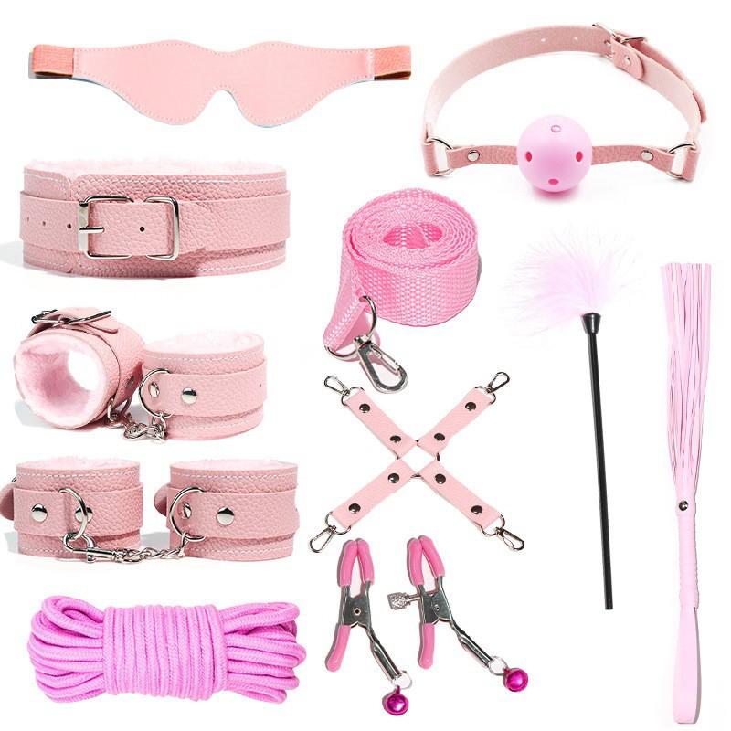6/7/10-teiliges BDSM-Bondage-Set-Set, Kragen, Peitsche, Ballknebel, Manschetten, Seilfesseln